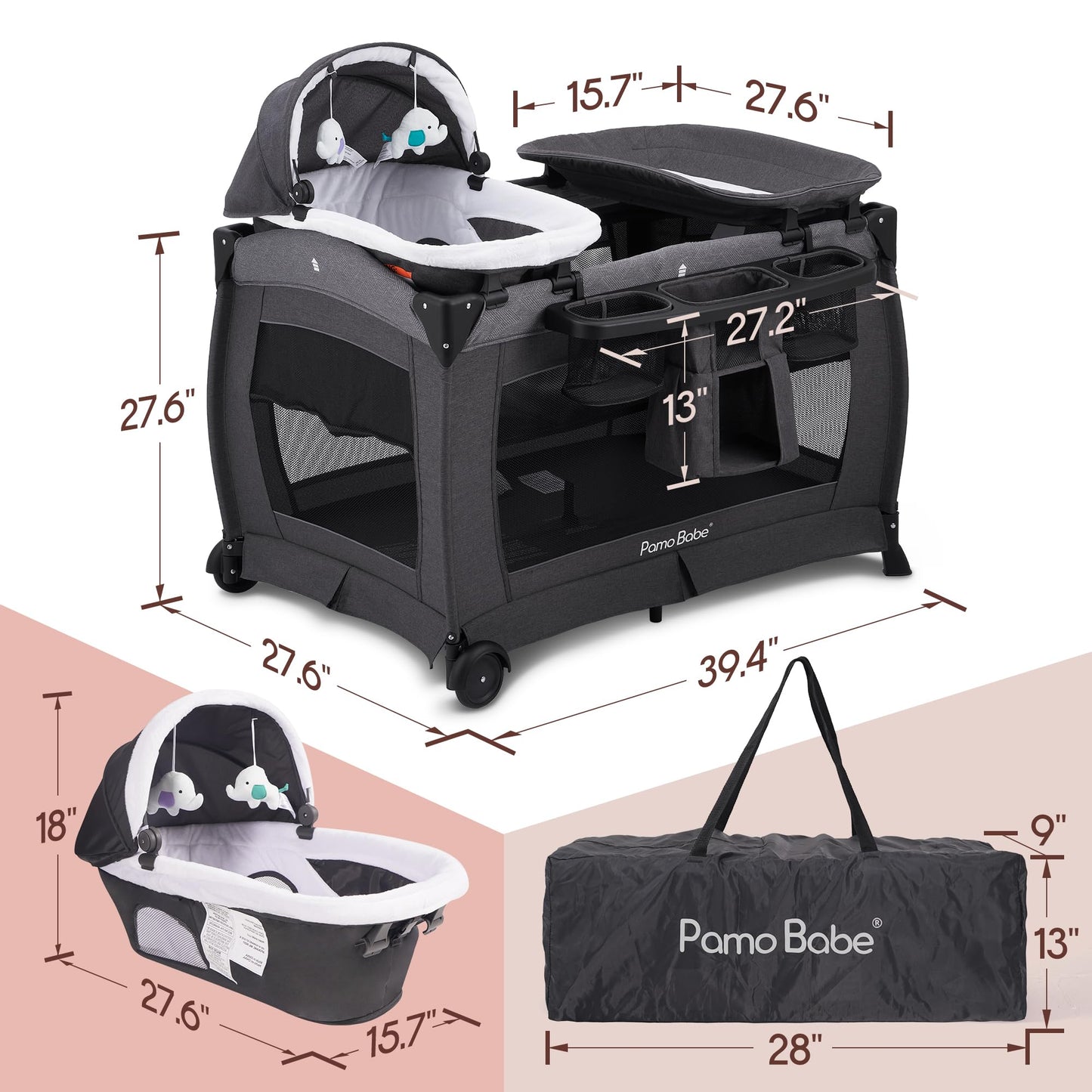 Pamo Babe Deluxe Nursery Center, Foldable Playard For Baby & Toddler, Bassinet, Mattress, Changing Table For Newborn(Black)
