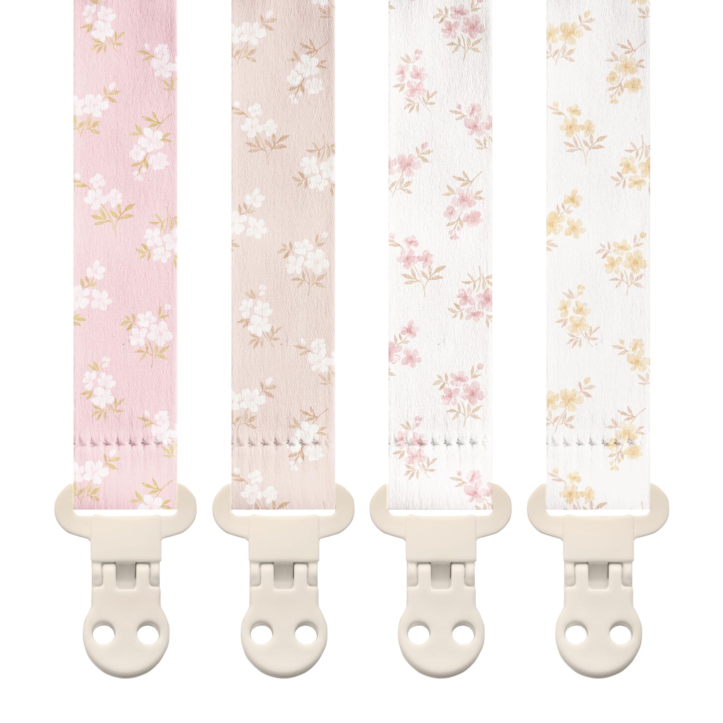 Stadela Baby Fabric Pacifier Clip Holder, Plastic Clip, 4-Pack, Wildflower Pattern, Heather Set