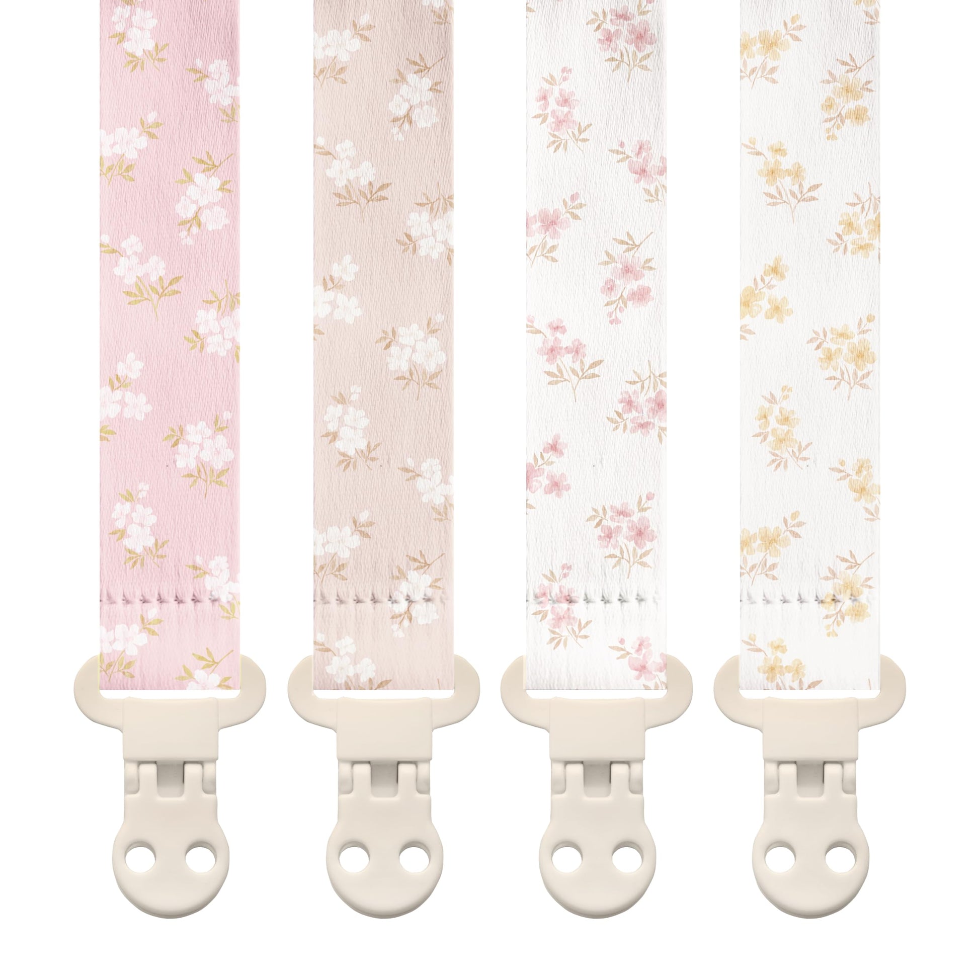 Stadela Baby Fabric Pacifier Clip Holder, Plastic Clip, 4-Pack, Wildflower Pattern, Heather Set