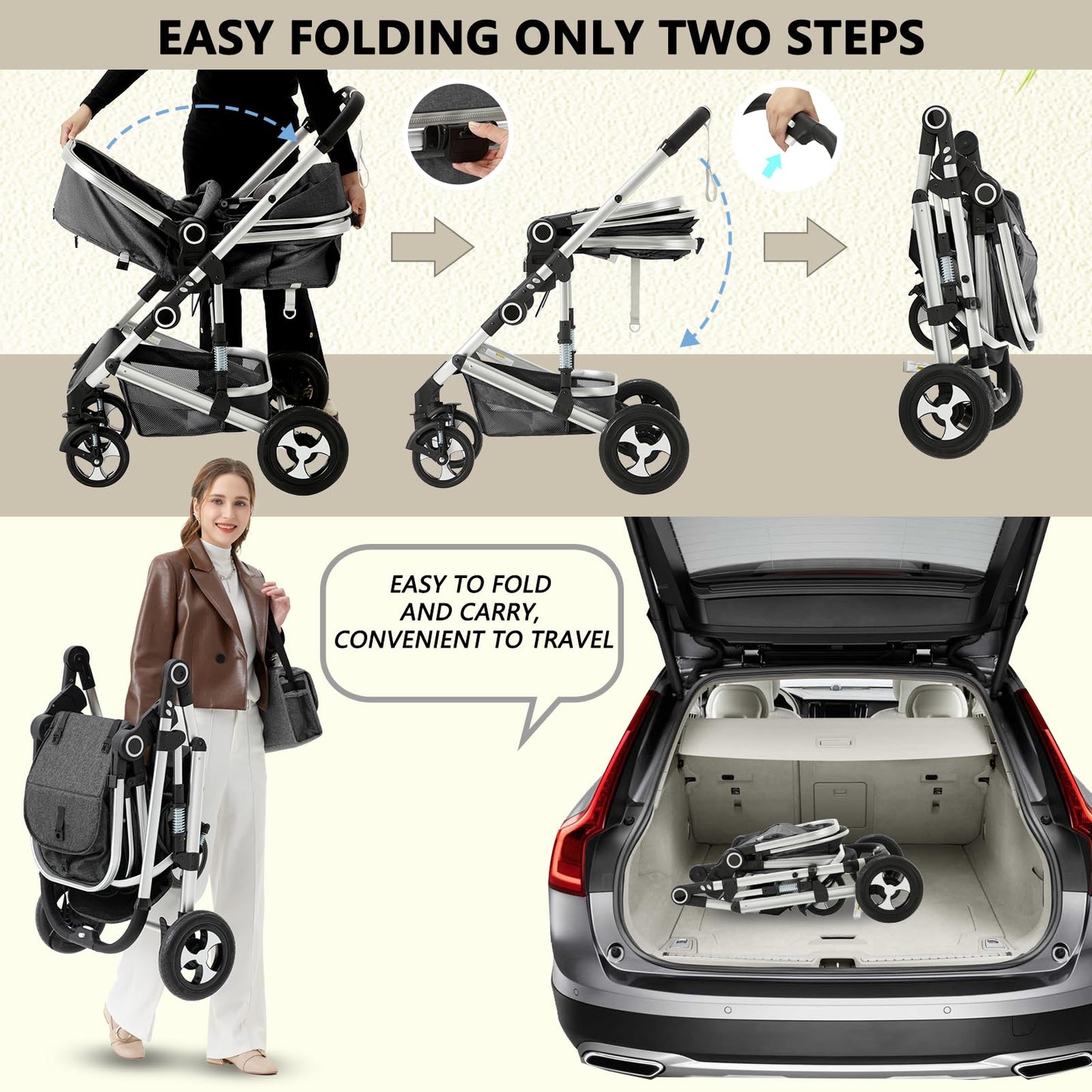 Kinder King 2 in 1 Convertible Baby Stroller, Folding High Landscape Infant Carriage, Newborn Reversible Pram, Diaper Bag, Anti-