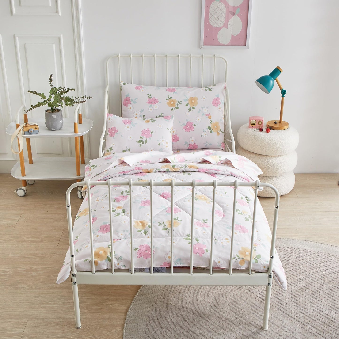 5 Peices Toddler Bedding Set For Girls Pink Floral Toddler Comforter Sheet Set In A Bag Pink Flower Kids Crib Bedding Set For Gi