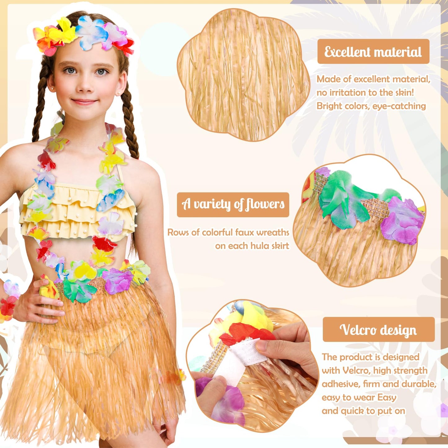 Abeillo 5 Pack Hawaiian Hula Grass Skirt, Hula Dancing Skirt With Flower Costume Accessory Hawaiian Hula Party Dress Up(Gold)