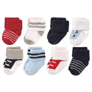 Luvable Friends Baby Boys Newborn And Terry Socks, Red Navy Sneakers, 6-12 Months Us