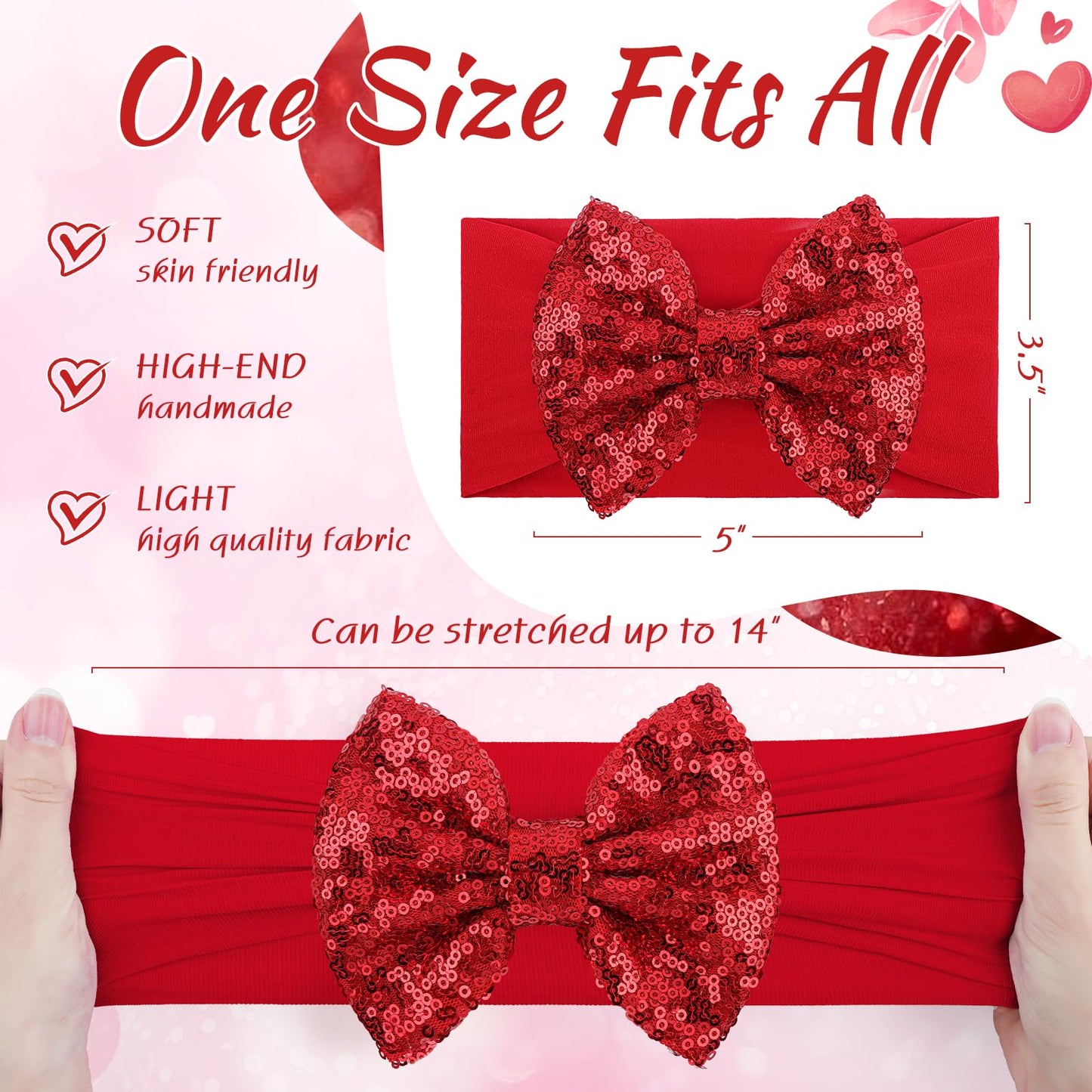 Lanmerry Red Pink Bows For Girls Sequins Large Bows Red Headband Toddler Glitter Hair Bow Hair Accessories Pink Ribbon Headband
