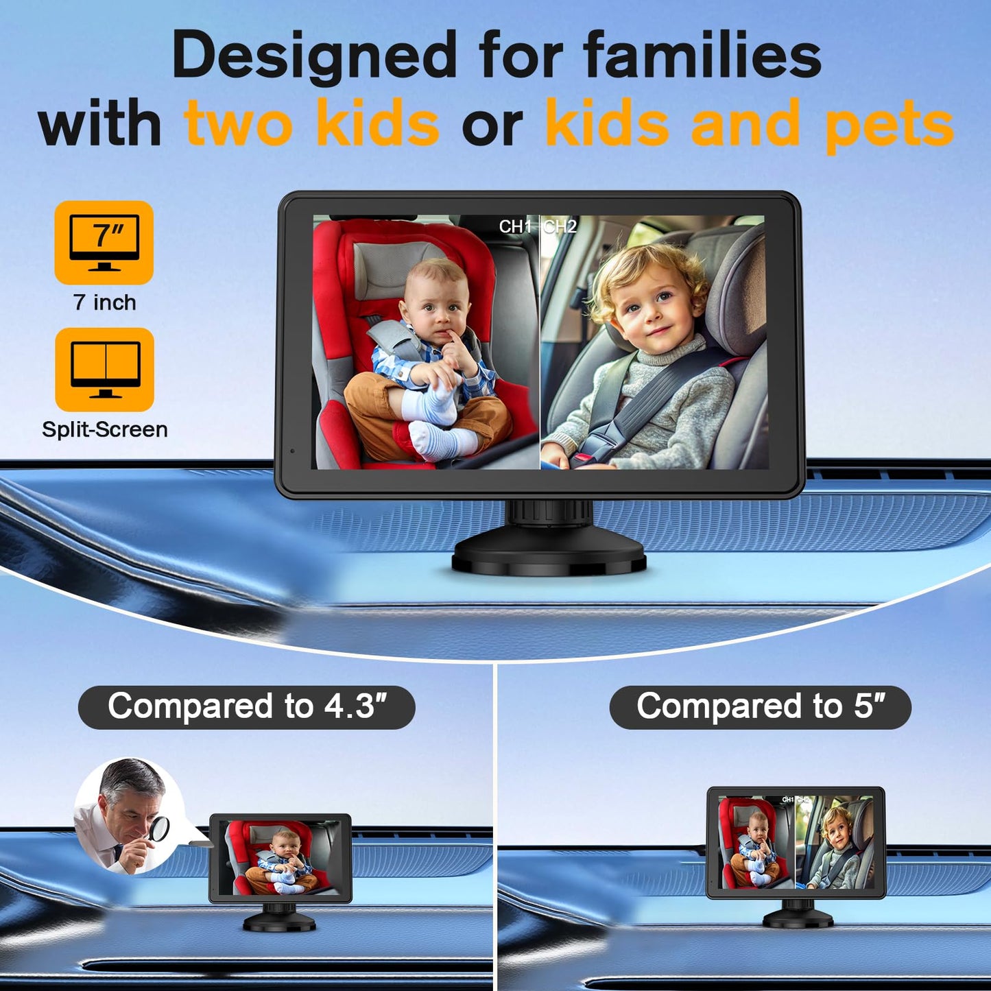Baby Car Camera For 2 Kids - 7-Inch Split-Screen Monitor, Dual Hd 1080P Cameras, Night Vision, 360 Rotatable, Easy Install Backs