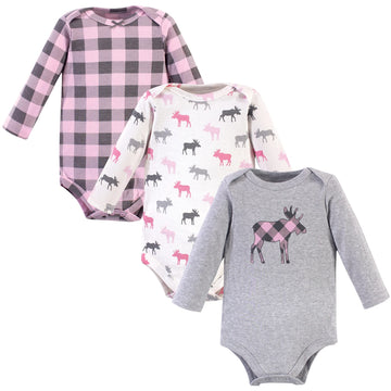Hudson Baby Unisex Bodysuits Cotton Long-Sleeve Pink Moose, 6-9 Months, Pink Moose 3-Pack, 6-9 Months Us