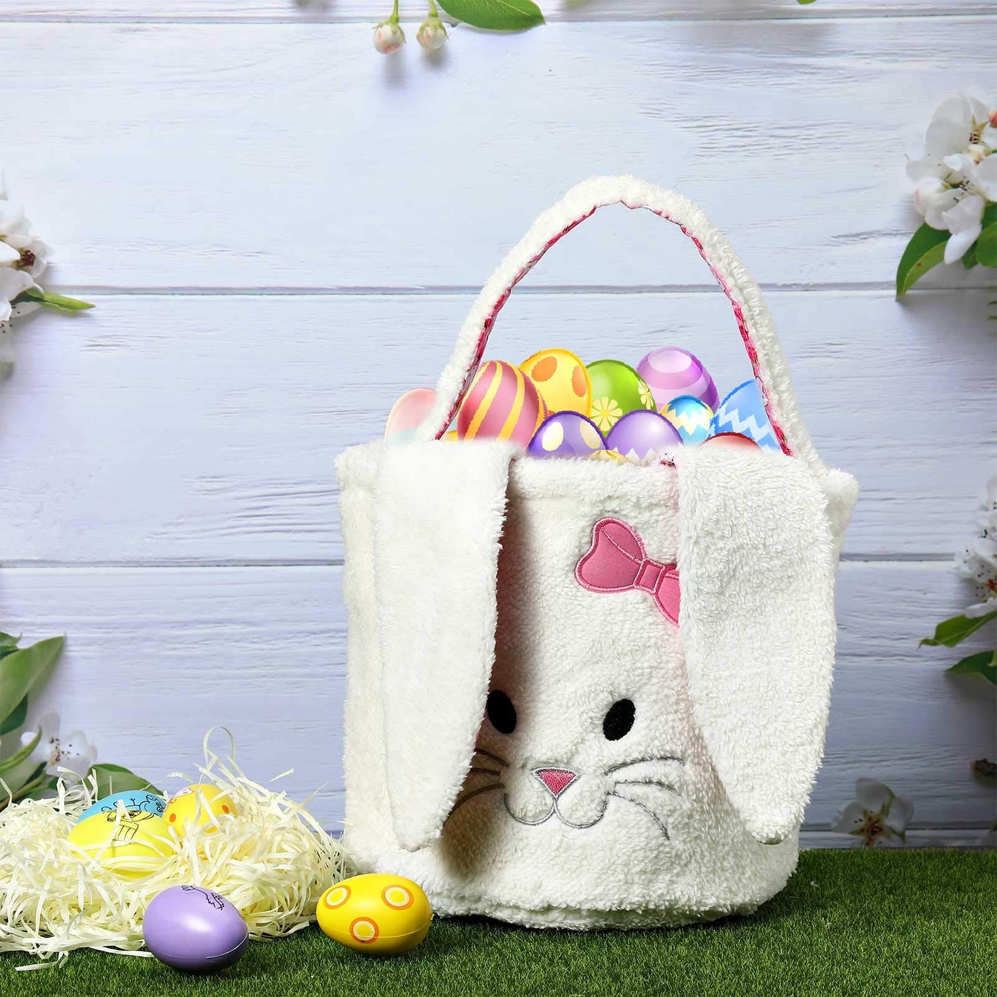 Easter Eggs Basket, Fluffy Bunny Baskets Cute Plush Rabit Basket With Foldable Bunny Ears, Easter Egg Hunts Easter Theme Party S