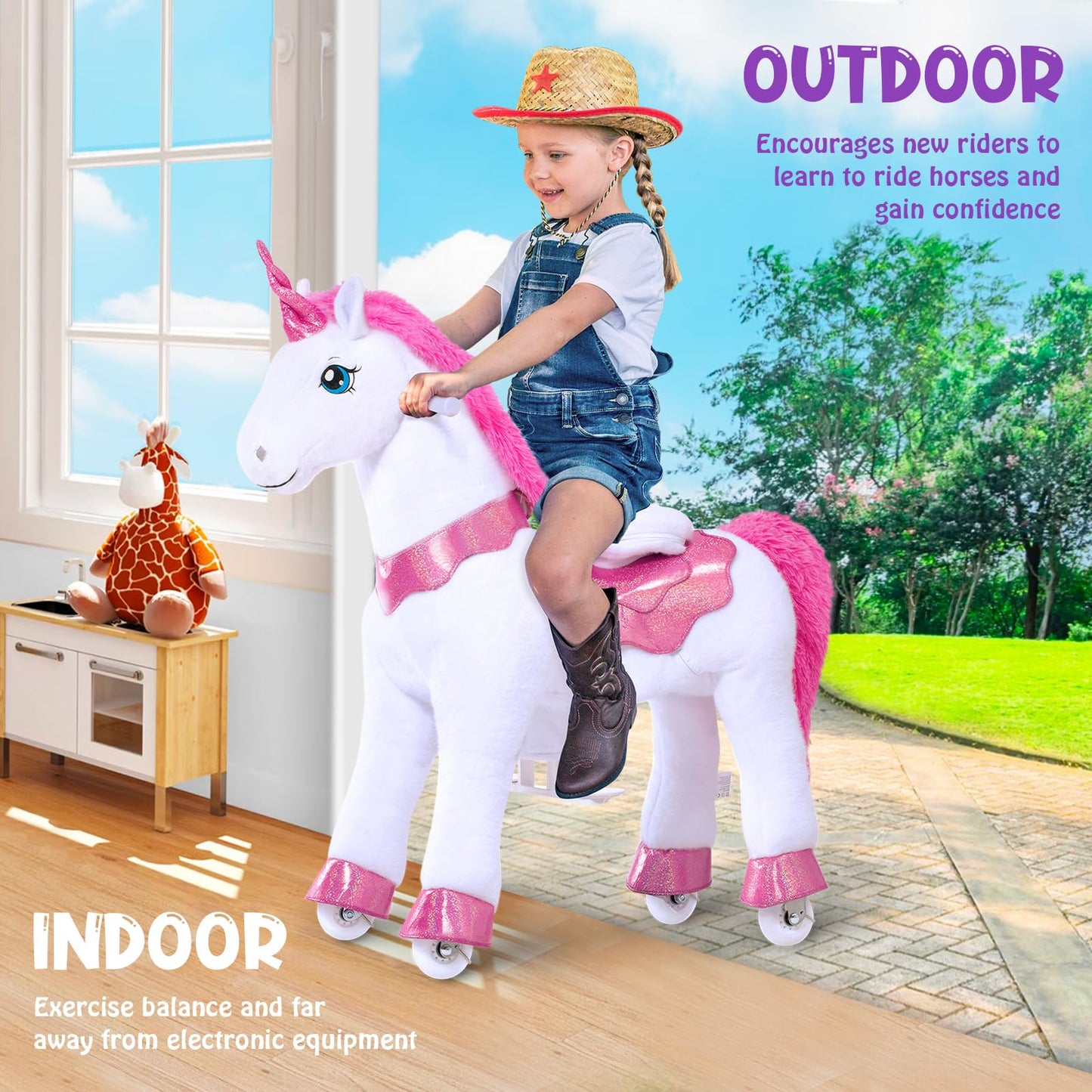 PonyCycle Ride on Unicorn Ride on Toys for Girls Riding Pink Unicorn Rocking Horse Essential Model E (with Brake/ 30 Height/Size
