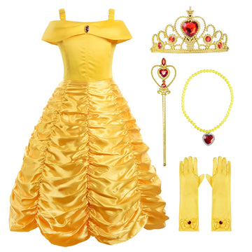 Relibeauty Little Girls Layered Princess Dress Costume With Accessories, Yellow, 5