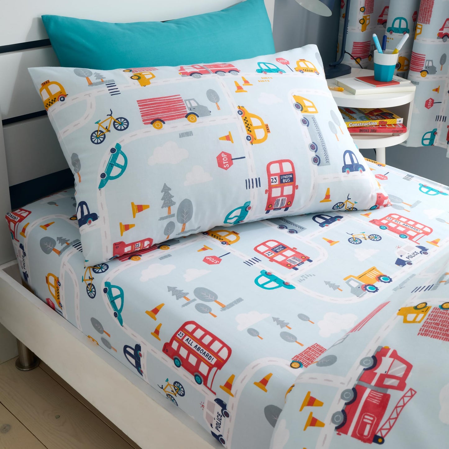 Happy Linen Company Girls Boys Kids Road Trip Transport Cars Blue Toddler Cot Bed Reversible Soft Easy Care Bed Linen Duvet Cove