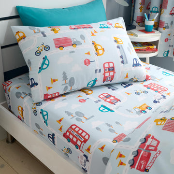 Happy Linen Company Girls Boys Kids Road Trip Transport Cars Blue Toddler Cot Bed Reversible Soft Easy Care Bed Linen Duvet Cove