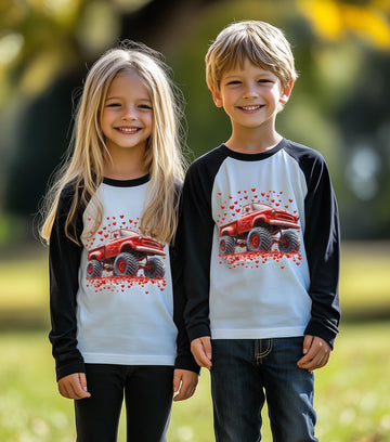 Valentine Shirts Toddler Boys Girls Raglan Long Sleeve Tees Kids Love Heart Truck Black Tops 7 Years