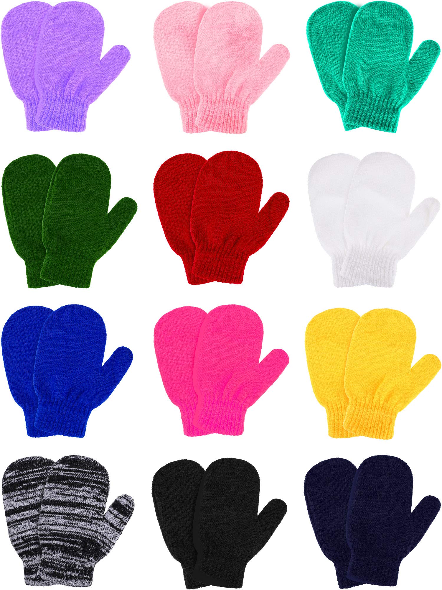 Boao 12 Pairs Toddler Mittens Bulk Kids Winter Knit Gloves pack Childrens Stretch Mittens for Toddler Boys Girls(Red, Pink, Blue