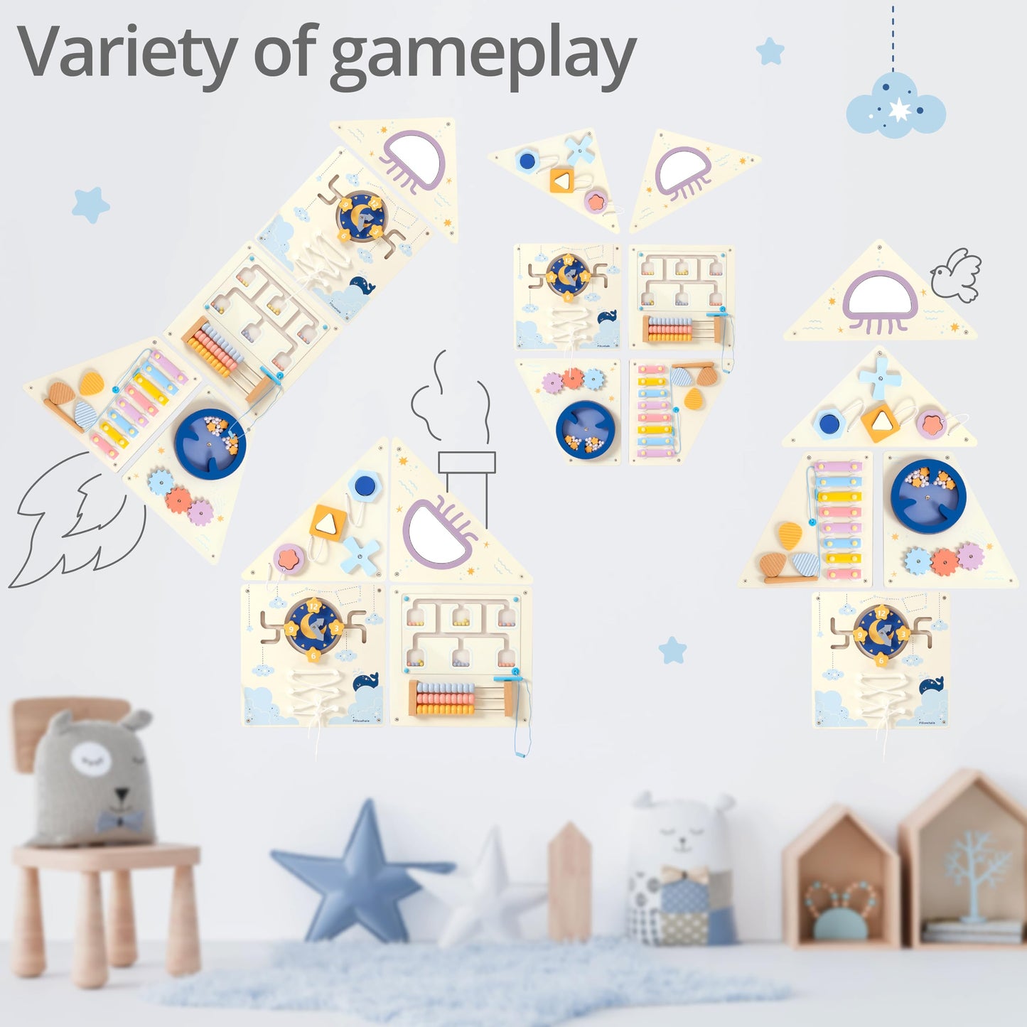 Pillowhale Tangram Activity Wall Busy Board Panels, 12-in-1 Learning Activity Center, Wooden Montessori Sensory Toys for Toddler