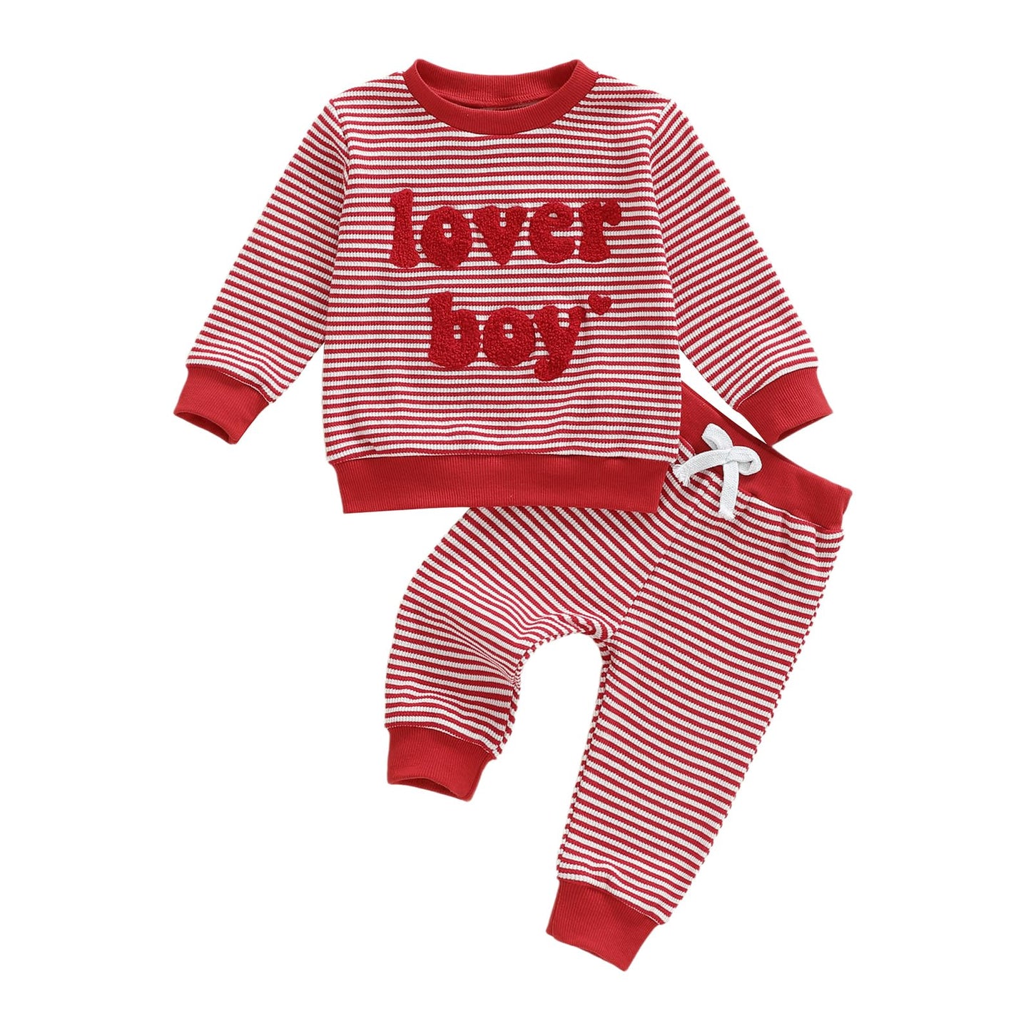 KtwHarnu Toddler Baby Boy Valentines Day Outfit Lover Boy Embroidery Waffle Knit Long Sleeve Sweatshirt and Pants Set (Red Strip