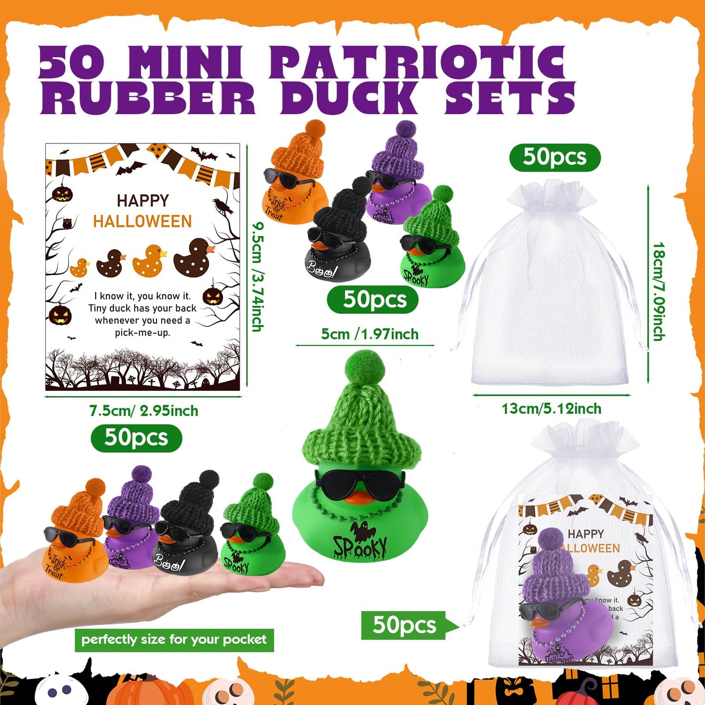 50 Pcs Halloween Rubber Duck for Bath Pool 2 Inch Boo Spooky Orange Purple Trick or Treat Sunglass Bath Duck 50 Card 50 Organza