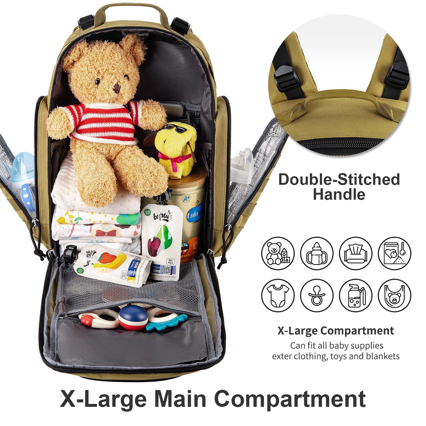 Sharkmouth Diaper Bag Backpack For Dad And Mom, Military Molle Diaper Pack With Insulated Bottle Holders And Wipe Pocket