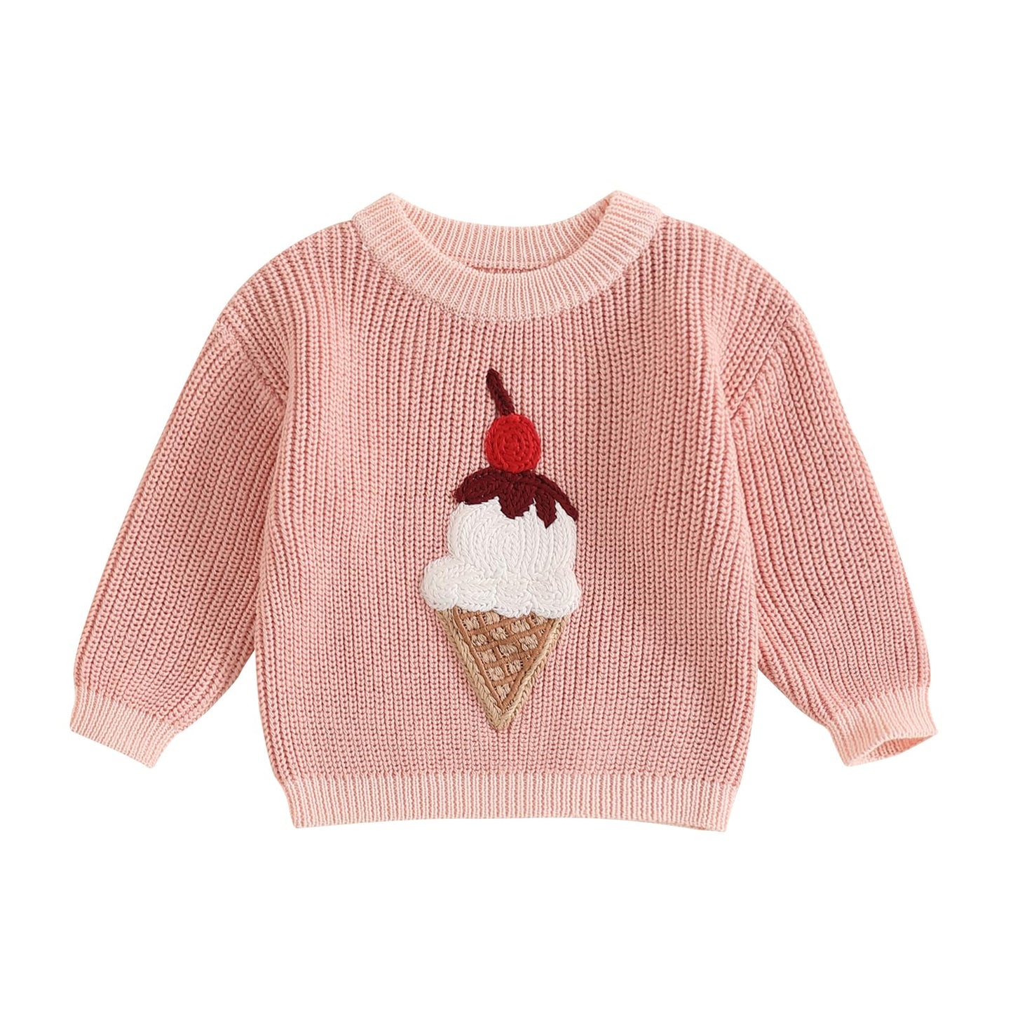 Toddler Baby Girl Boys Valentines Day Outifts Knit Sweater Long Sleeve Letter Love Heart Embroidery Pullover (Pink-Ice Cream, 2