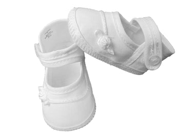 Little Things Mean A Lot Girls Cotton Batiste Shoe Embroidered with Tiny Braid and Rosebud - Size 2