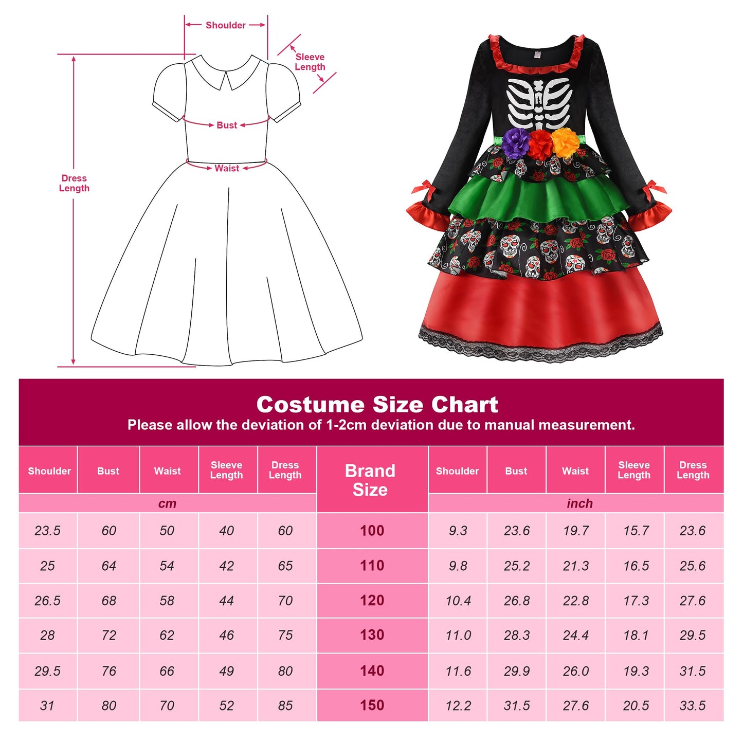 Relibeauty Kids Day Of The Dead Costume For Girls Sugar Skull Costume With Flower Headband 130