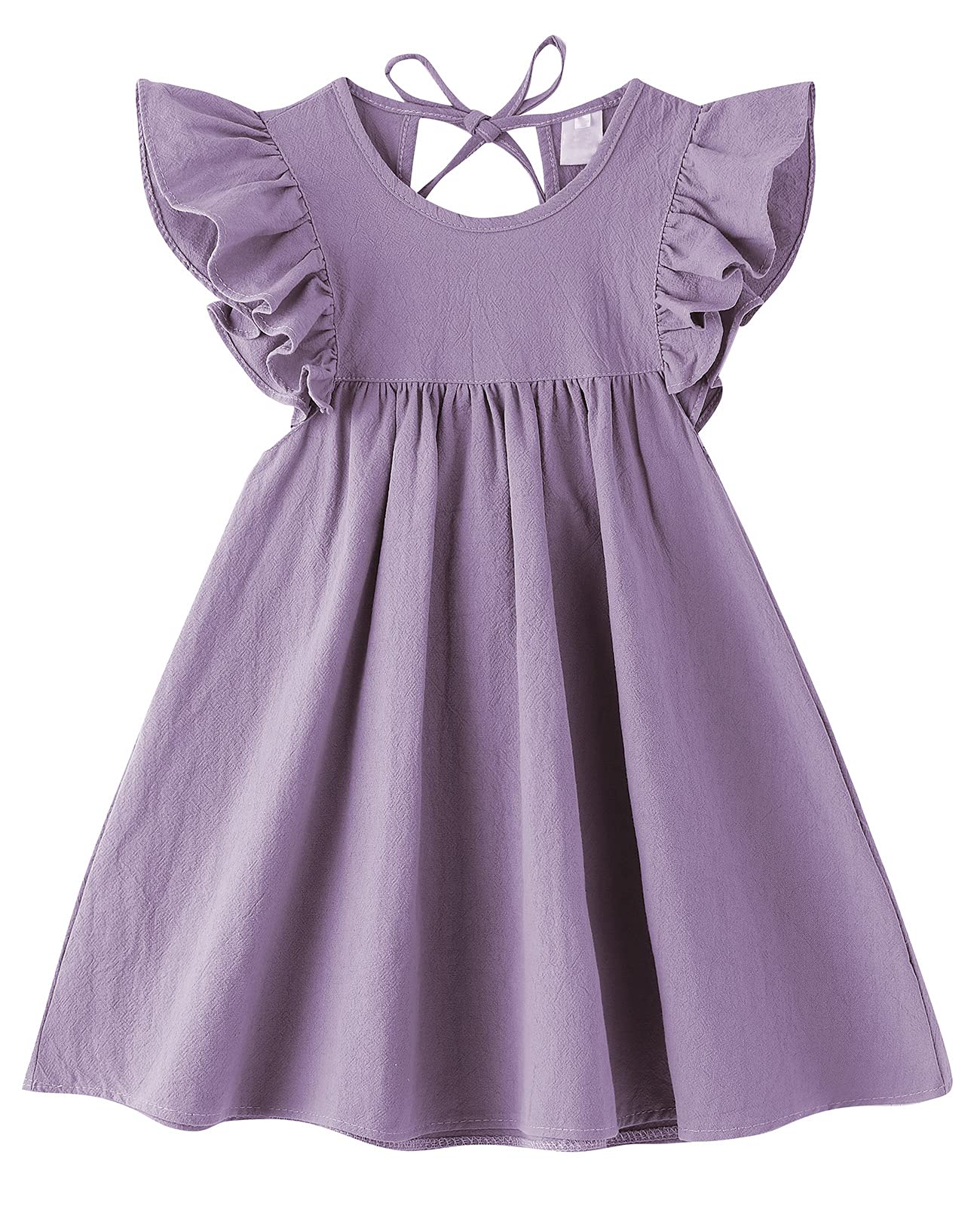 Lyxiof Toddler Baby Girl Cotton Linen Dress Ruffle Sleeve Halter Sleeveless Kids Casual Beach Dresses Purple 90Cm