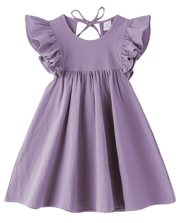 Lyxiof Toddler Baby Girl Cotton Linen Dress Ruffle Sleeve Halter Sleeveless Kids Casual Beach Dresses Purple 90Cm