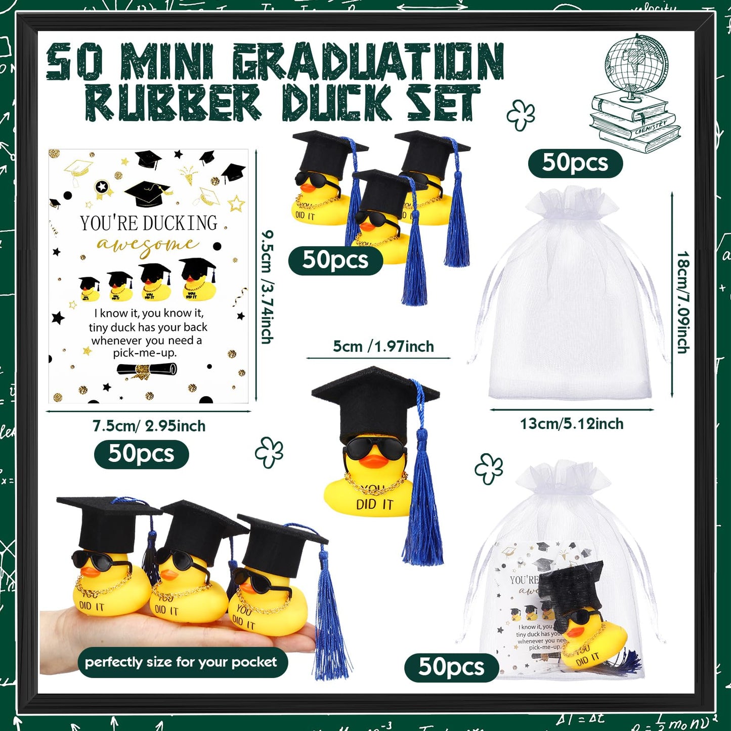 200 Pcs 2025 Graduation Party Favors Includes 2 Inch 50 Pcs Graduation Rubber Ducks with Necklace Sunglasses for Bath Pool 50 Pc