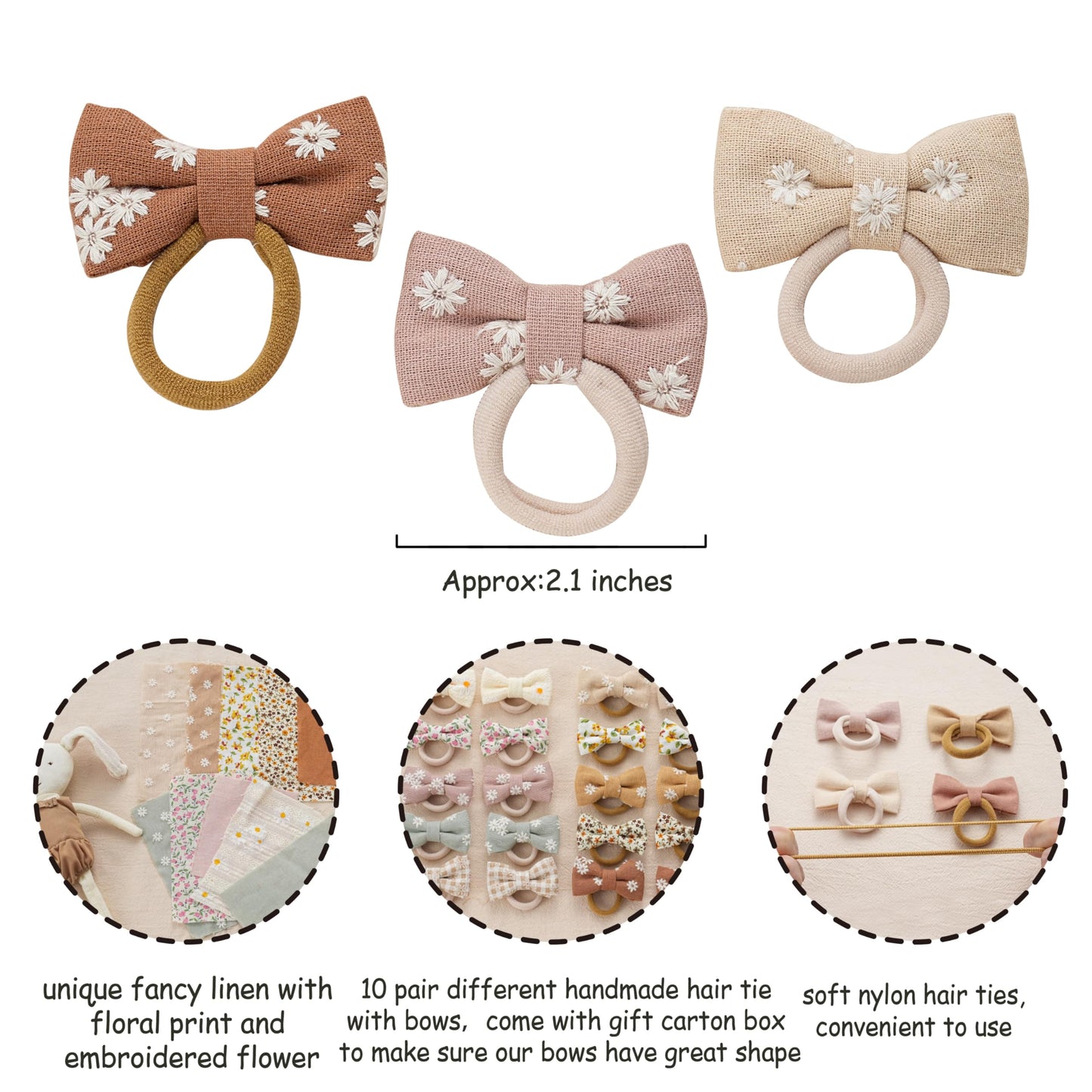 Baby Toddler Girls Hair Ties With Linen Bows Embroidered Flower,20 Pcs No Damage Elastic Nylon Hair Bands Ponytail Holders,Small
