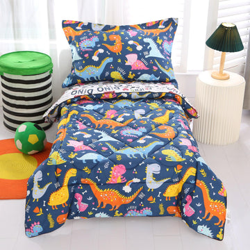 Wowelife Dinosaur Toddler Bedding Set For Boys Grey 4 Piece Toddler Bed Sets Blue Kids Toddler Comforter Set Breathable Soft Wit