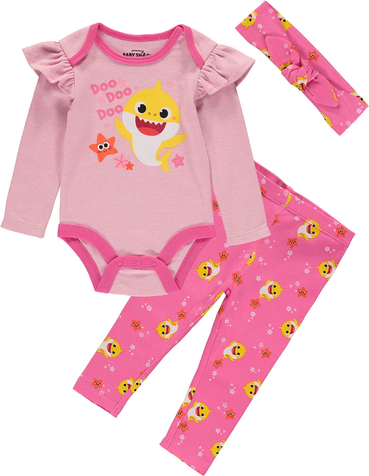 Baby Shark Girls' Creeper Bodysuit With Pull On Pants And Matching Headband 3 Piece Set (Pink/Rose, 3-6 Months)