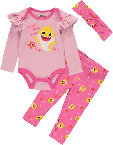 Baby Shark Girls' Creeper Bodysuit With Pull On Pants And Matching Headband 3 Piece Set (Pink/Rose, 3-6 Months)