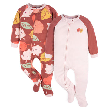 Gerber Toddler Baby Girls Flame Resistant Fleece Footed Pajamas 2-Pack, Pink Leaves, 5T