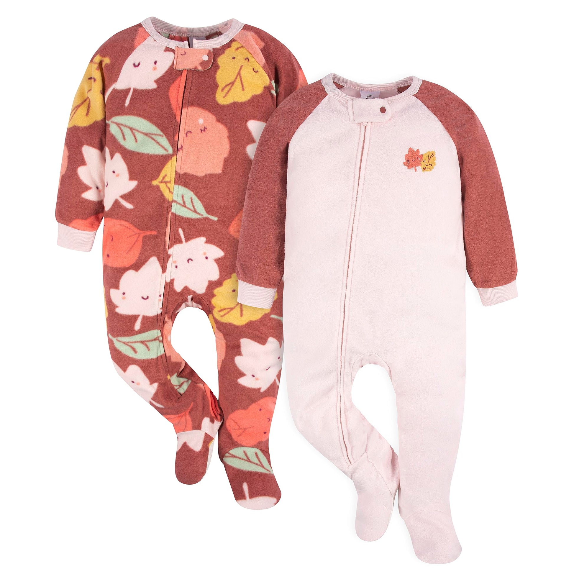 Gerber Toddler Baby Girls Flame Resistant Fleece Footed Pajamas 2-Pack, Pink Leaves, 4T