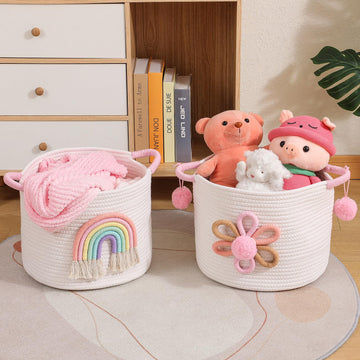 Inough Pink Cotton Rope Storage Basket With 3D Flower For Kids, Blanket Baskets For Living Room Toys Organizer With Handle Woven
