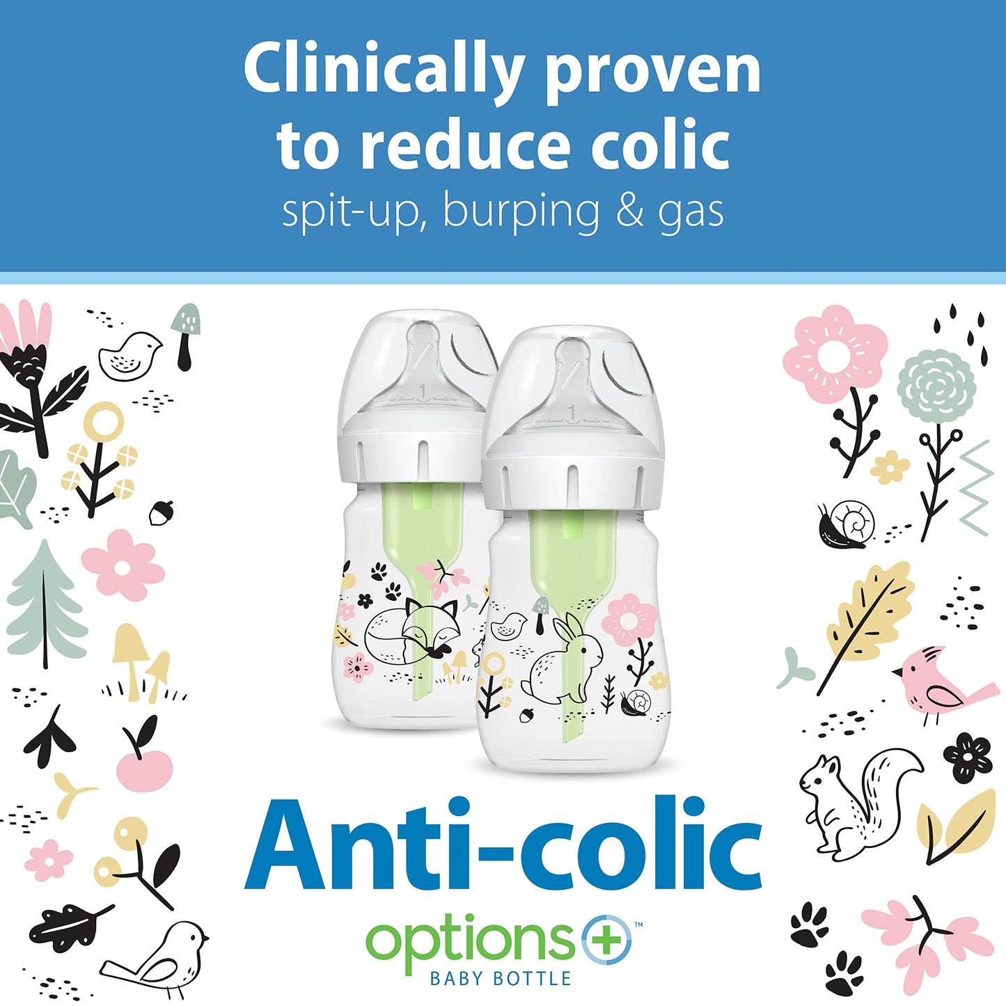 Dr Brownas Natural Flowa Anti-Colic Options+A Wide-Neck Baby Bottle Designer Edition Bottles, Woodland Decos, 5 Oz150 Ml, Level