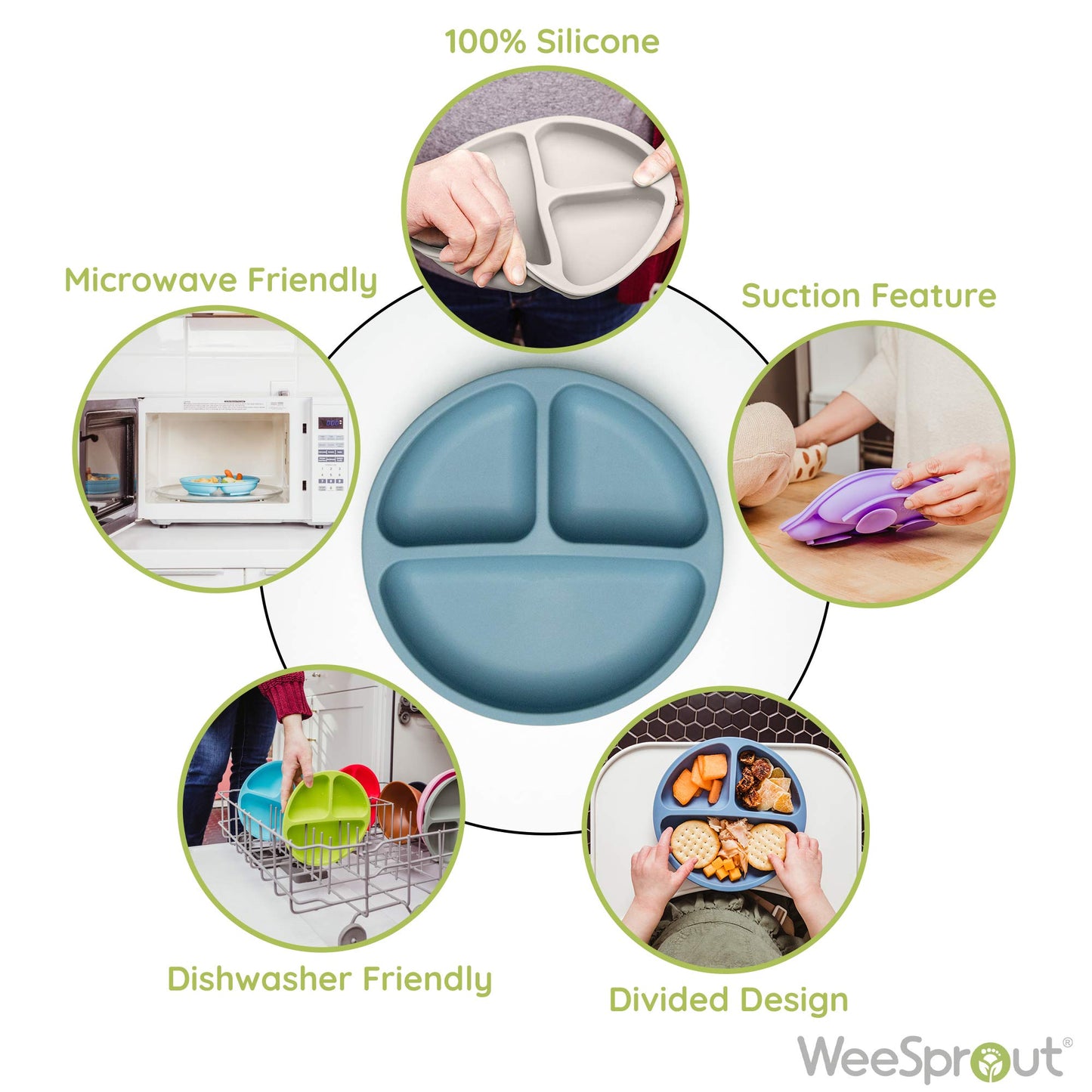 Weesprout Suction Plates For Babies & Toddlers - 100% Silicone, Dinnerware Stays Put, Divided Design For Picky Eaters, Microwave