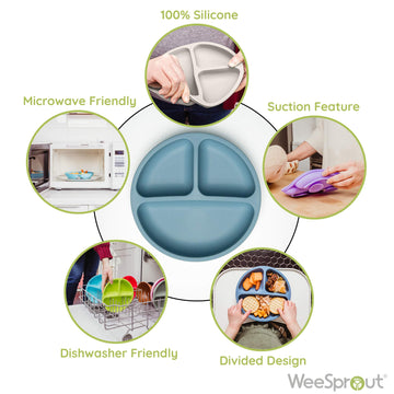 Weesprout Suction Plates For Babies & Toddlers - 100% Silicone, Dinnerware Stays Put, Divided Design For Picky Eaters, Microwave