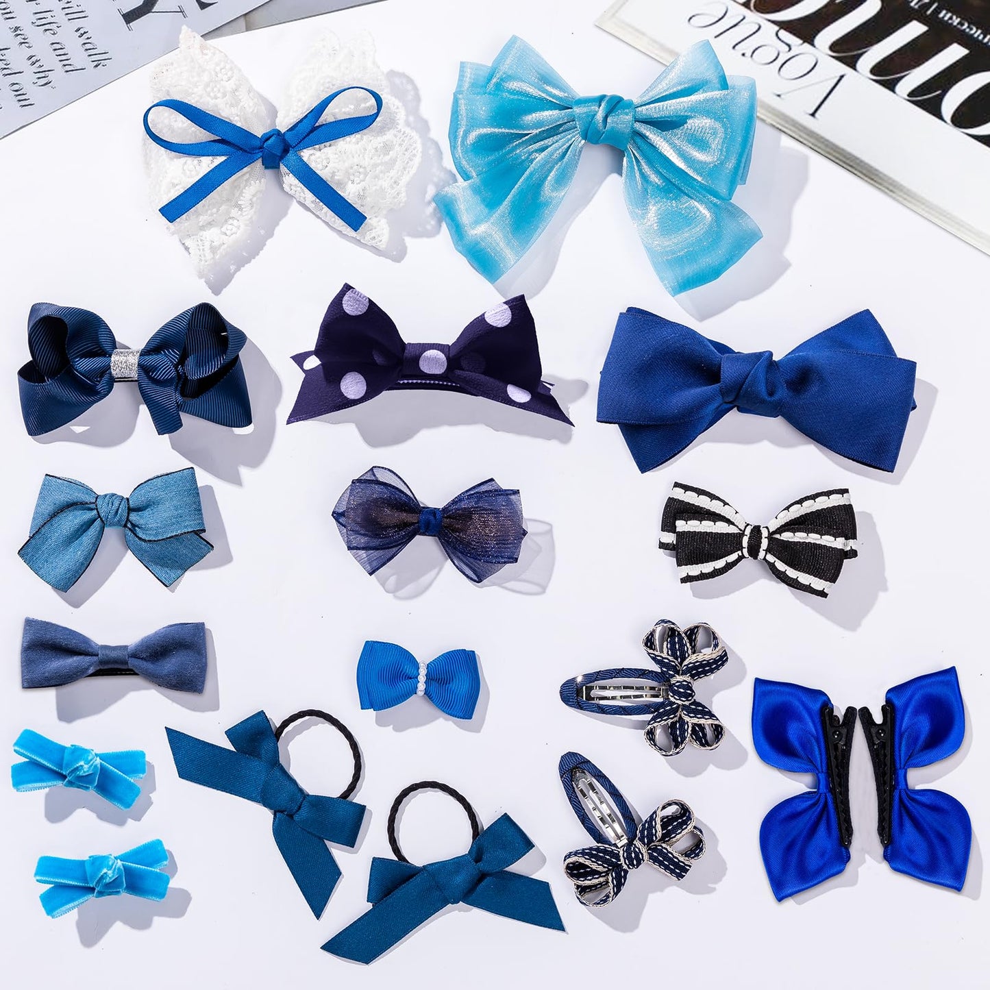Lmymhmlm 18Pcs Blue Hair Bows For Girls,Toddlers,Teens,Women.Fully Lined Alligator Hair Clips,Cute Hair Ties,Non-Slip Snap Hairp