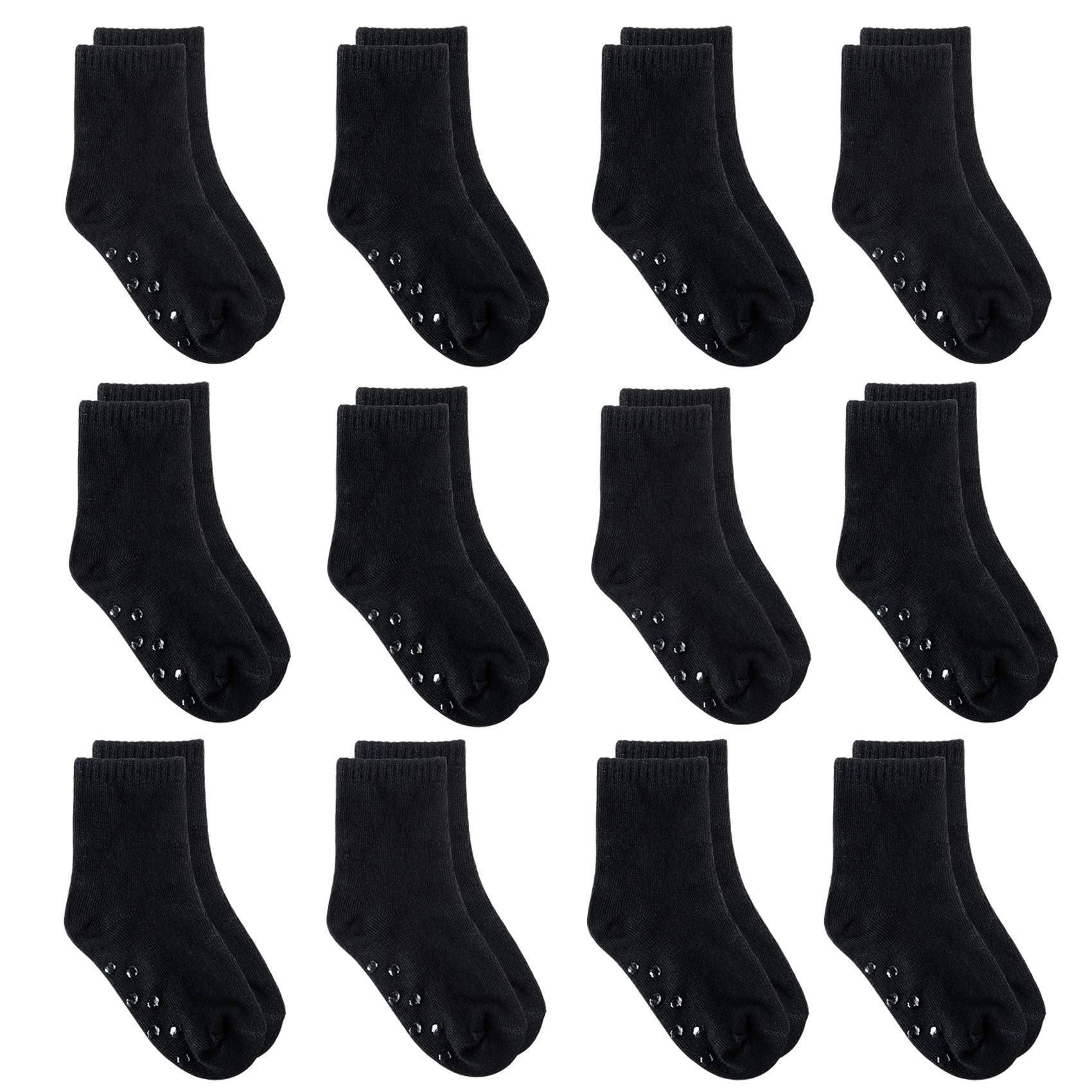 Tenpluszero 12 Pairs Non Slip Toddler Socks Crew Socks With Grips For Baby Boys Girls (Black, 1T/2T)