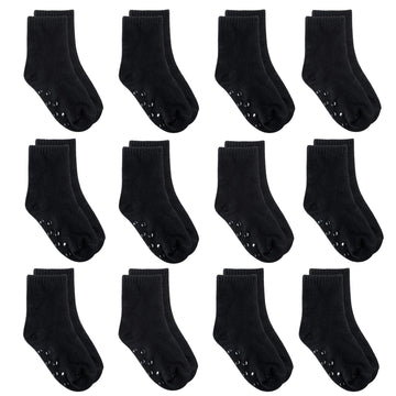 Tenpluszero 12 Pairs Non Slip Toddler Socks Crew Socks With Grips For Baby Boys Girls (Black, 1T/2T)