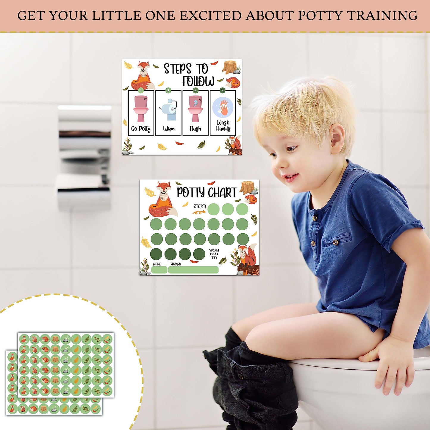 Fox Potty Training Sticker Chart, 10 Potty Charts With 216 Round Stickers & 1 Instruction Sheet, Potty Reward Sticker Chart For