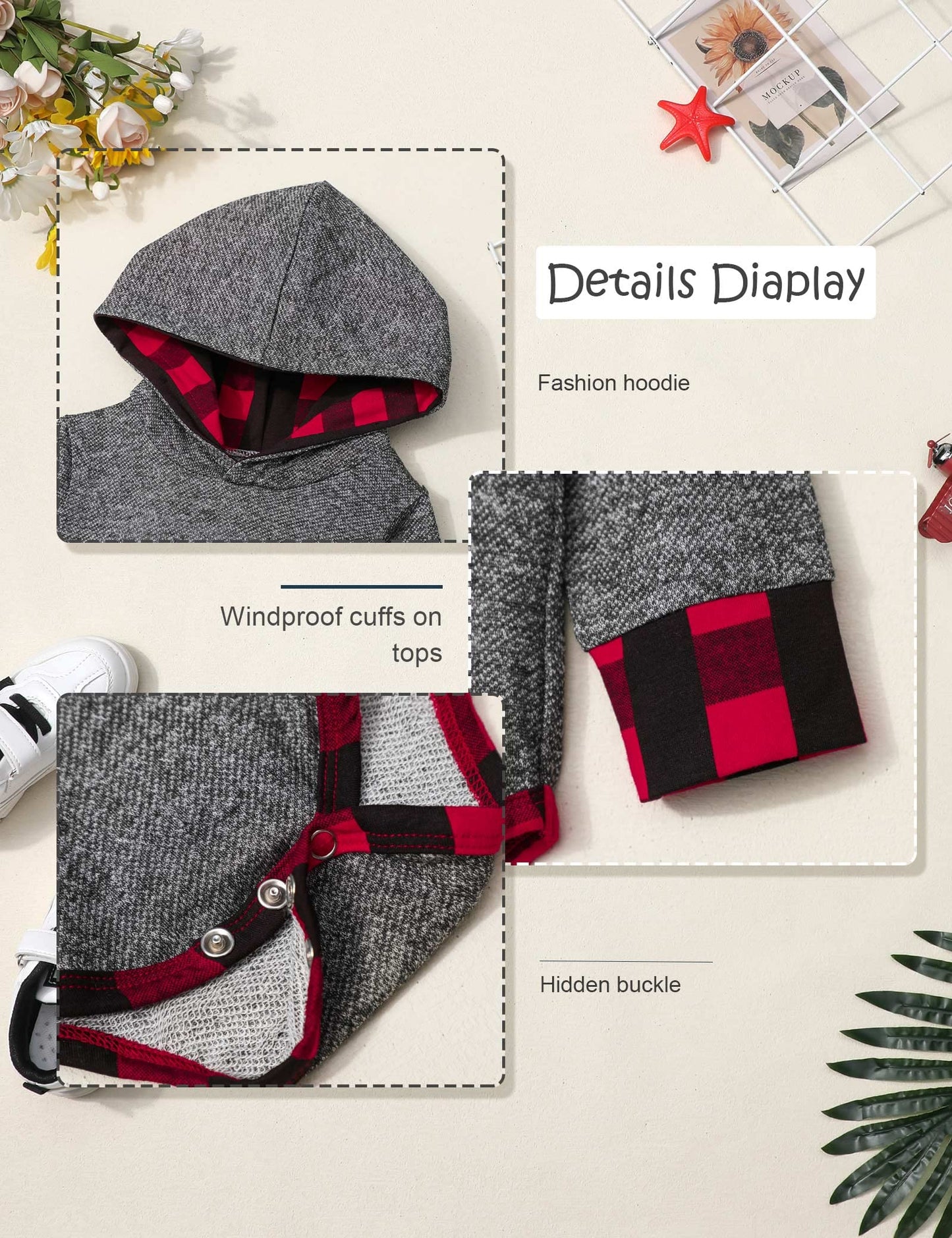 Fommy Newborn Boy Outfits Plaid Letter Print Long Sleeve Hoodies + Newborn Boy Clothes Long Pants 2Pcs Set Newborn Photography O