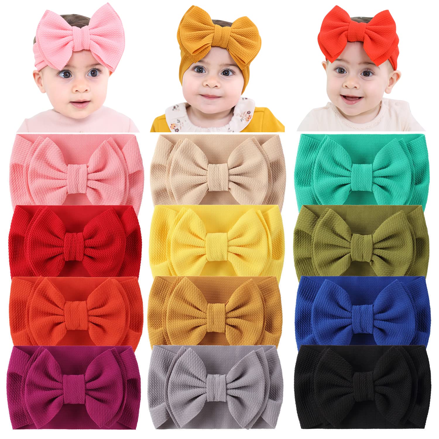 Cinaci 12 Pack Solid Candy Colors Stretchy Wide Nylon Headbands With Knot Big Hair Bow Elastic Headwraps Oversized Hair Bands La