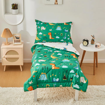 Beeweed 4 Pieces Dinosaur Toddler Bedding Set Boys Girls, 2 Sides Design Bed In A Bag Comforter Set, Includes 1 Comforter, 1 Fit