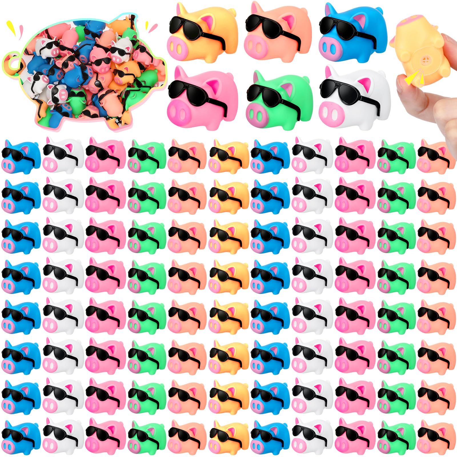 Shappy 100 Sets Mini Rubber Pigs with Sunglasses Pig Bath Toys Bulk Squeaky Piggy Bathtub Toys for Baby Shower Kindergarten Birt