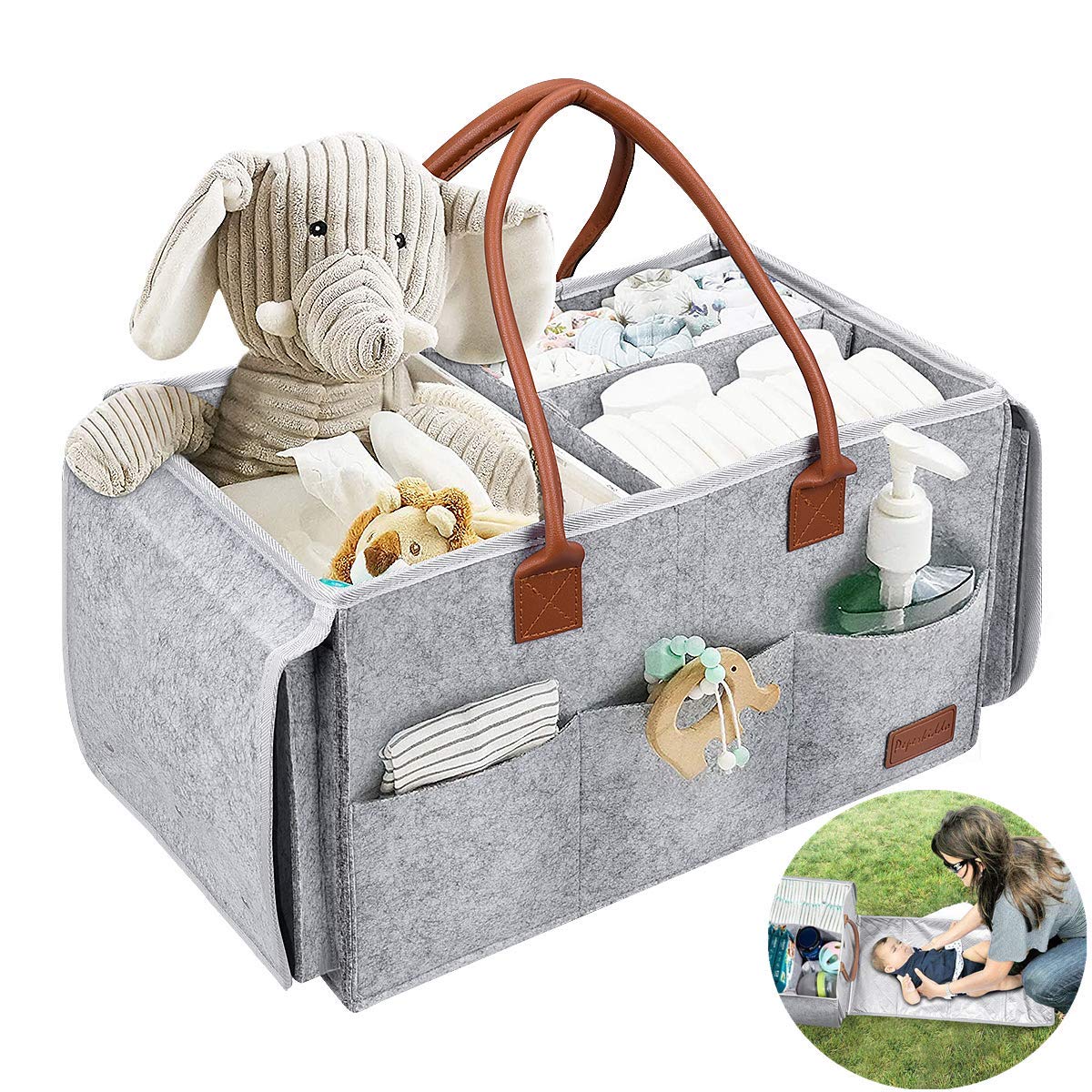 PAPERKIDDO Baby Diaper Caddy Organizer with Changing Table, 2 in 1 Portable Felt Nursery Storage Bin and Car Organizer for Diape