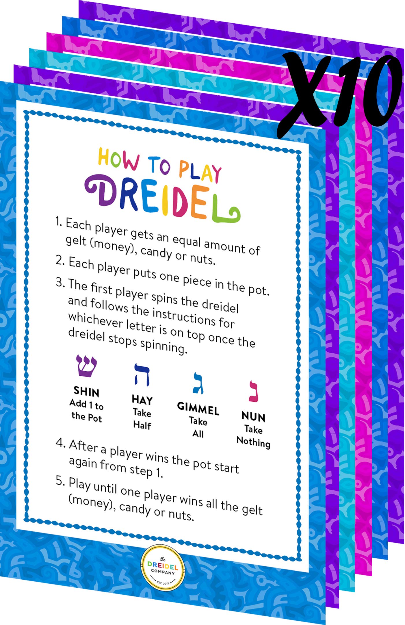The Dreidel Company Metallic Multi-Colored Dreidels For Hanukkah With English Translation, Spinning Tops Includes Game Instructi
