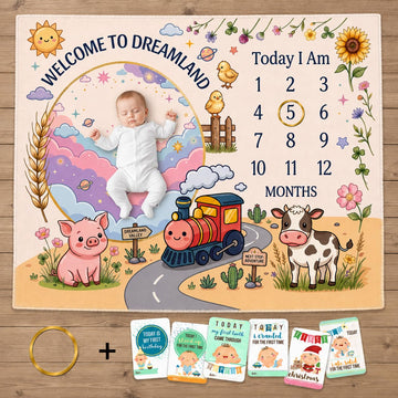 CLOTHINA Baby Monthly Milestone Photoshoot Blanket with Milestone Cards, Cotton, 115x95 cm, Animal Theme, 112 Months (Train)