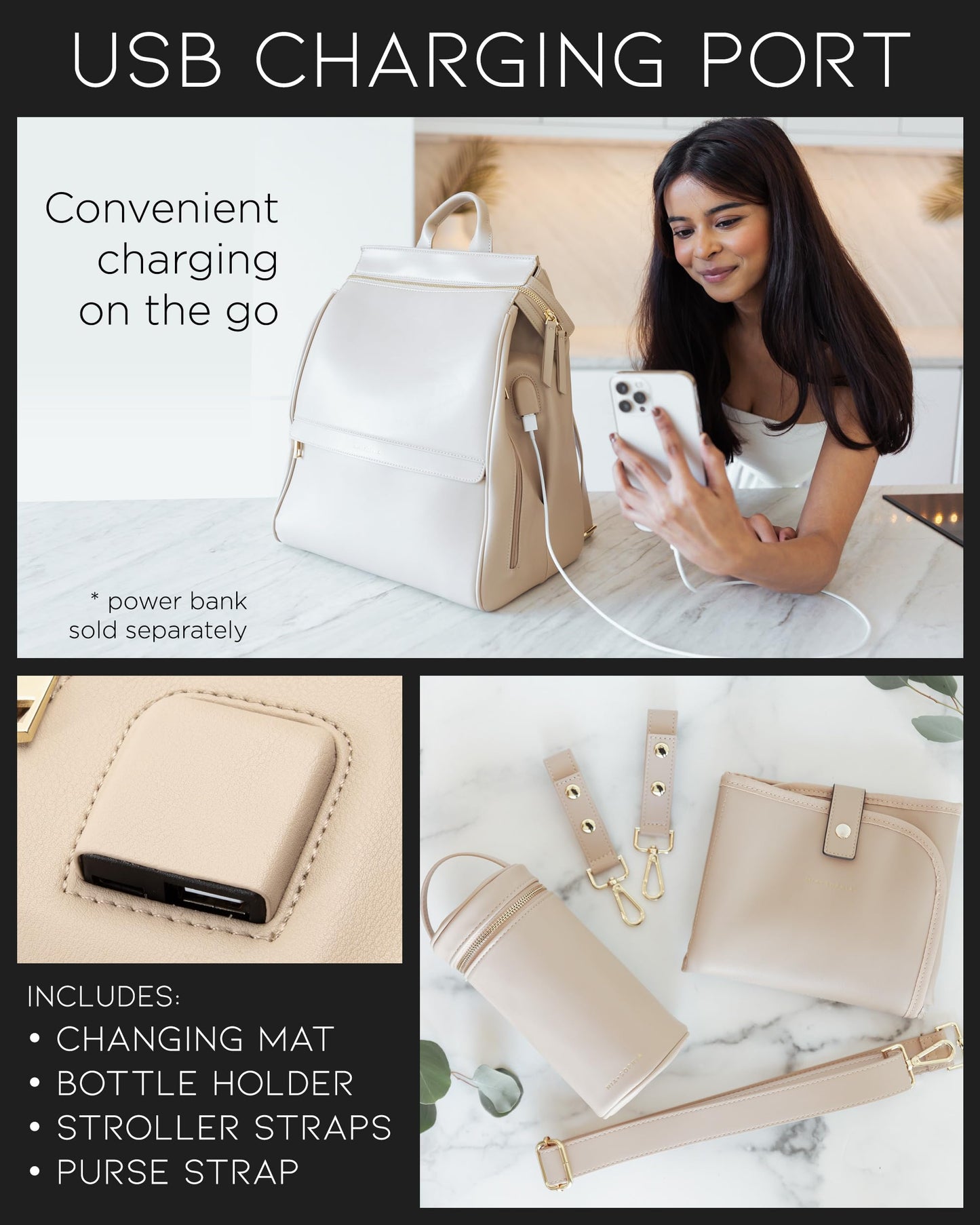 Mia + Sophia Leather Diaper Bag Backpack With Usb Charging Port, Changing Pad, Stroller Straps, And Bottle Holder(Beige Sophia)