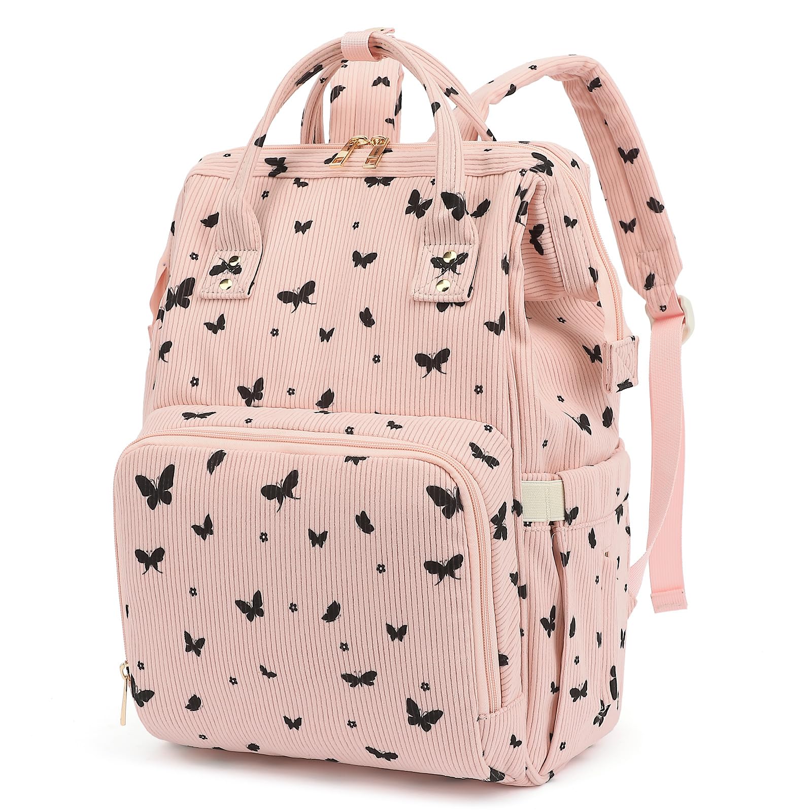 Yusudan Corduroy Diaper Bag Backpack for Baby Girls Boys, Women Large Nappy Bags for Mom (Pink Corduroy Butterfly)